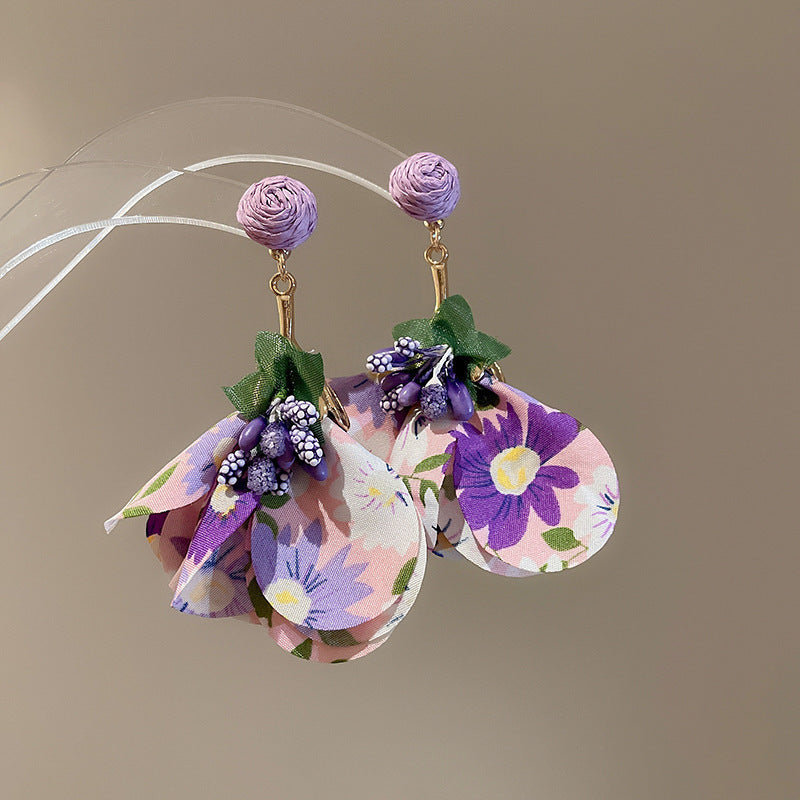Silver Needle Fabric Flower Pendant Earrings For Women