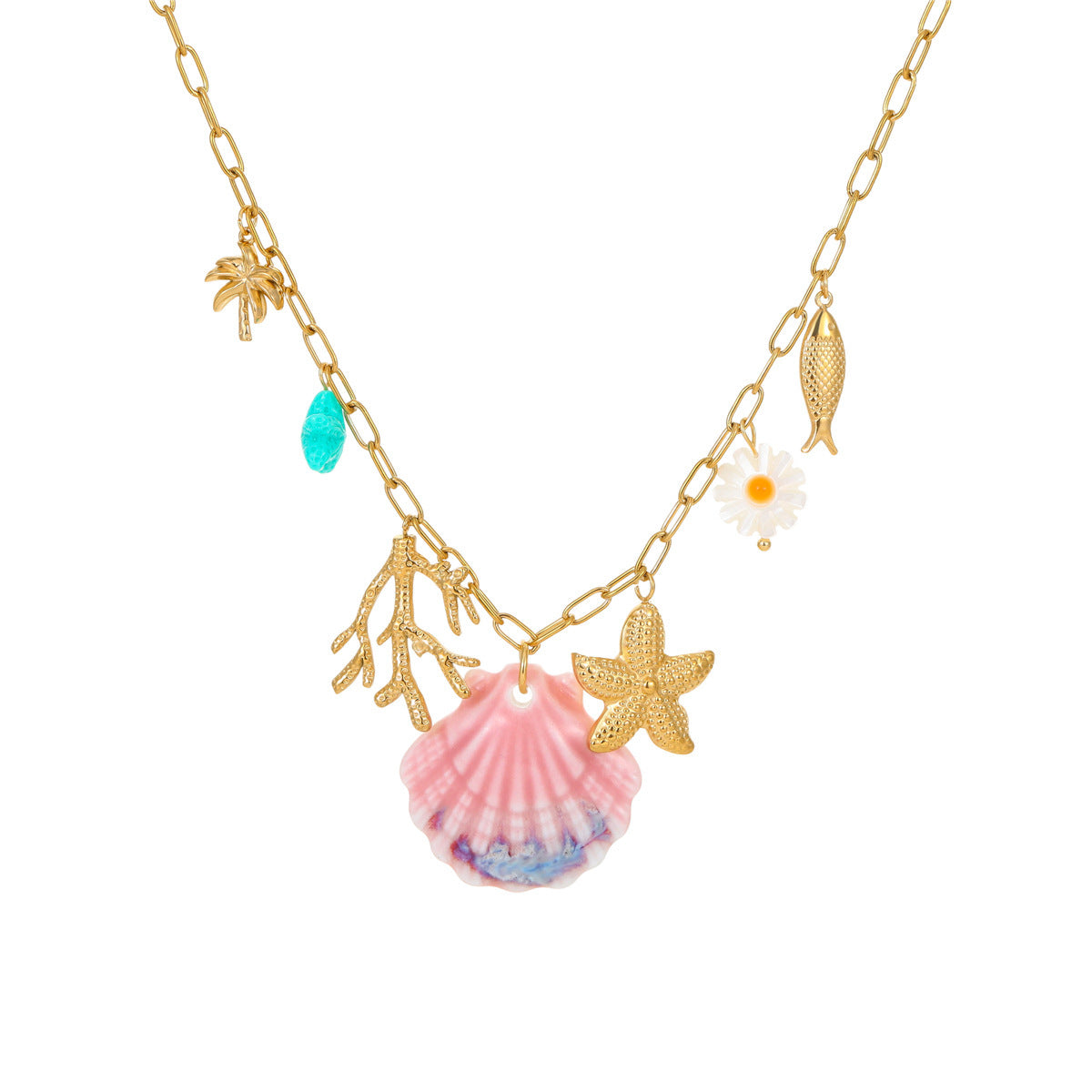 Fan Shell Starfish Ocean Vacation Style Necklace Stainless Steel Plated 18K