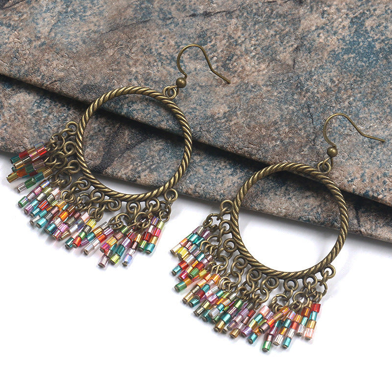 Bohemian New Hand-woven Colorful Bead Tassel Earrings