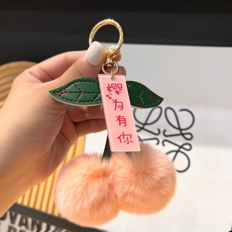 Real Otter Rabbit Fur Grass Little Cherry Car Keychain Pendant