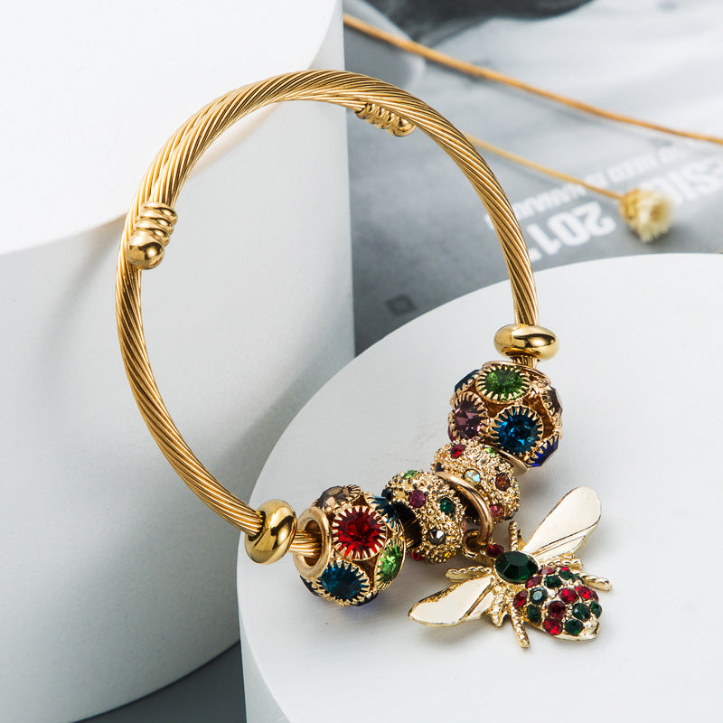 Women's Gold Shiny Diamond Adjustable Bee Bracelet