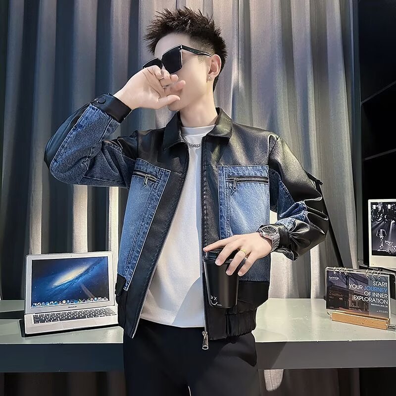 High-grade Stitching PU Leather Coat Cross-border Denim Coat