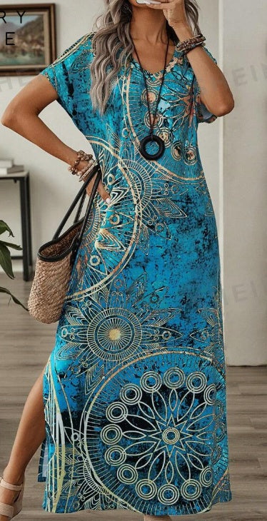 Vestido largo informal de verano con cuello en V y mangas murciélago y estampado floral vintage para mujer