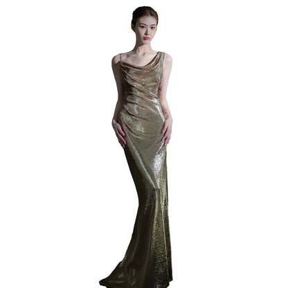 Vestido de noche de cola de pez para mujer, elegante, con lentejuelas, para reunión anual, sexy, sin espalda