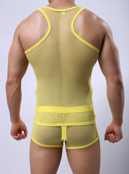 Fitness Transparent Cutout Mesh Men's Underwear Mesh Style For Sports Hurdles Vest Shorts Set