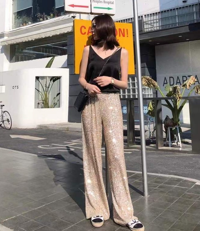 Silver White Sequins Drooping Wide Leg Pants Women