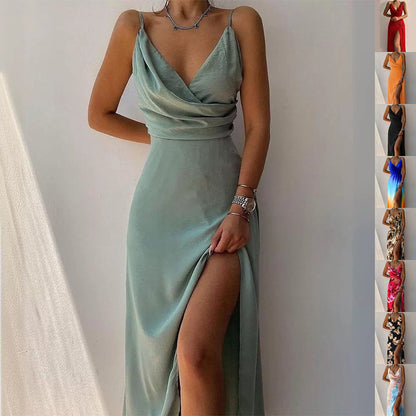 Vestido de verano con escote en V y abertura, sexy, ajustado, con tirantes, para mujer
