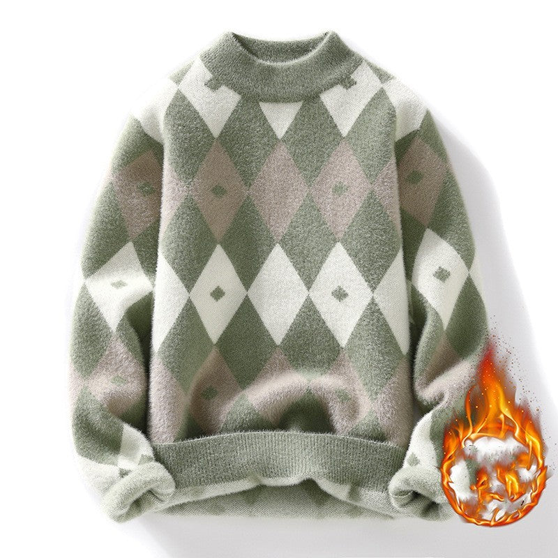 Personalized Knitting Men's Plush Thickened Top Long-sleeved Round Neck Sweater