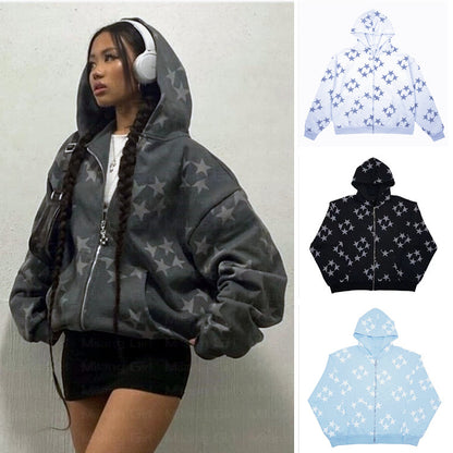 Cárdigan con capucha y cremallera con estampado de estrellas para parejas, ropa de abrigo de moda, sudadera con capucha, abrigo de calle para hombres y mujeres
