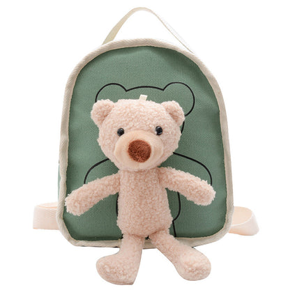 Niedlicher Mini-Kindergartenrucksack aus Segeltuch mit Bärenpuppe