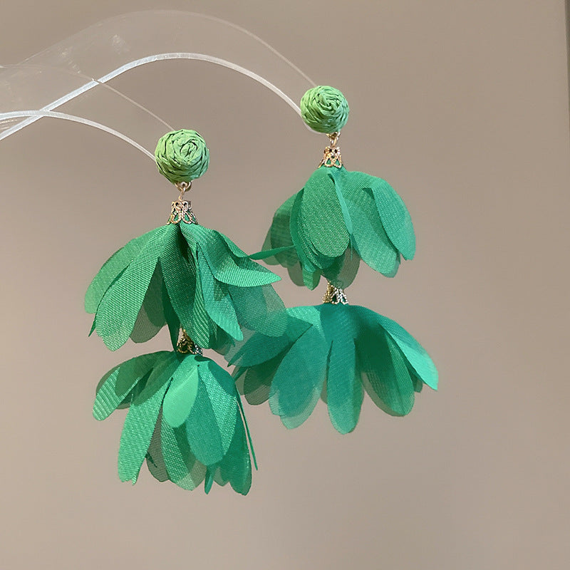 Silver Needle Fabric Flower Pendant Earrings For Women