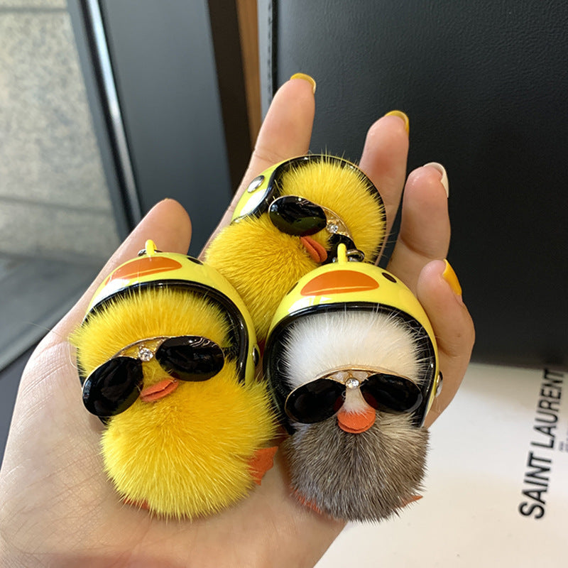 Mini Mink Hair Small Yellow Duck Car Key Ring Pendant Cute Plush Schoolbag Pendant Gift
