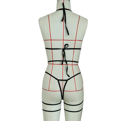 Conjunto de lencería sexy con encaje y tirantes para las piernas.