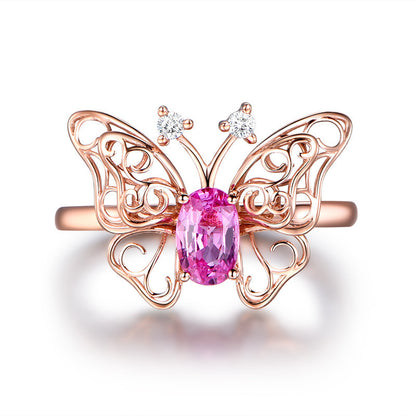 Anillo abierto de turmalina con mariposa ahuecada de moda
