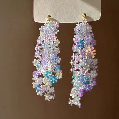 Pendientes colgantes de flores de tela con aguja de plata para mujer