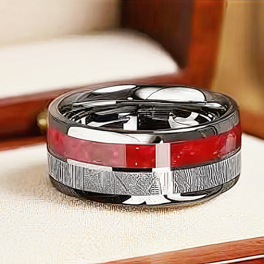 European And American Stainless Steel Ring Two-tone Design Silver And Red Texture