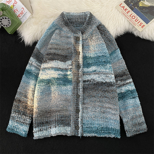 Blue Gradient Cardigan Sweater Men's Loose