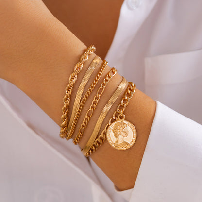 Ins round pendant Bracelet set irregular metallic flat snake chain bracelet - BAGMODA