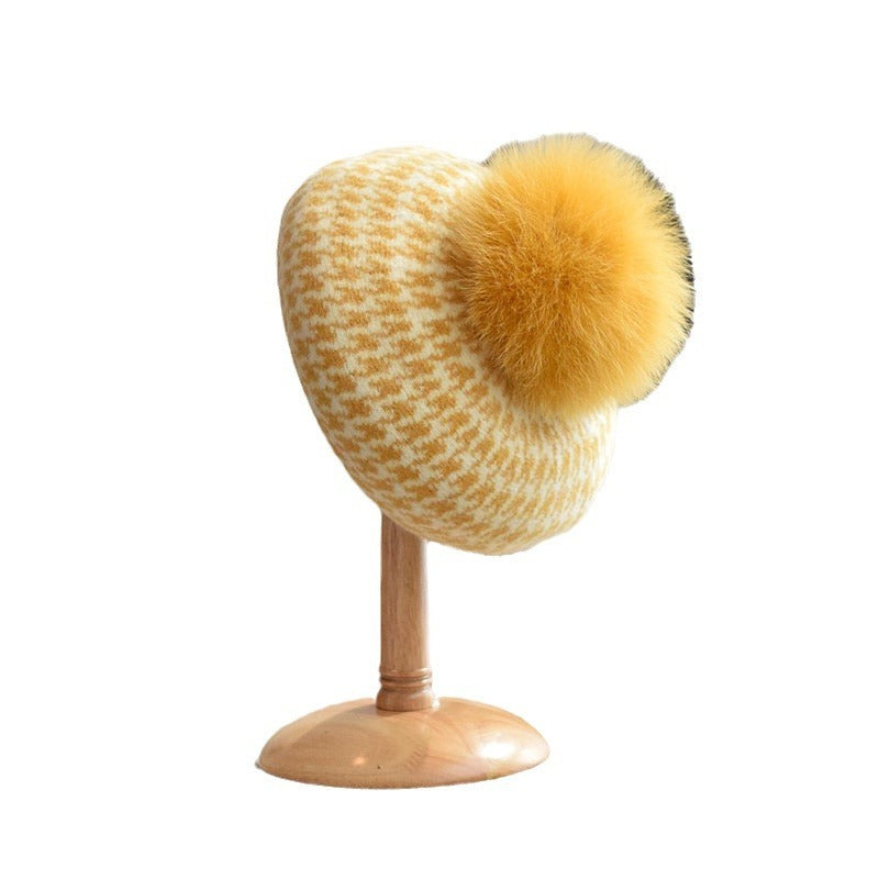 Women's Autumn And Winter Fox Fur Ball Knitted Octagonal Cap