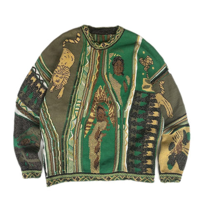 Vintage Ethnic Style Knitted Crewneck Pullover Sweater