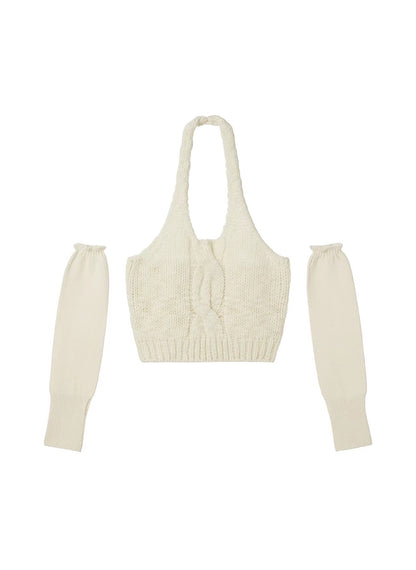 Damen Off Shoulder Neckholder Sling Handschuhe Pullover Strick