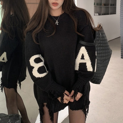 Schwarzer Strickpullover im koreanischen Stil für Damen mit lockerem und müßigem Wind