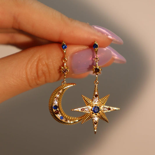 Star Moon Asymmetric Color Zircon Star And Moon Stud Earring