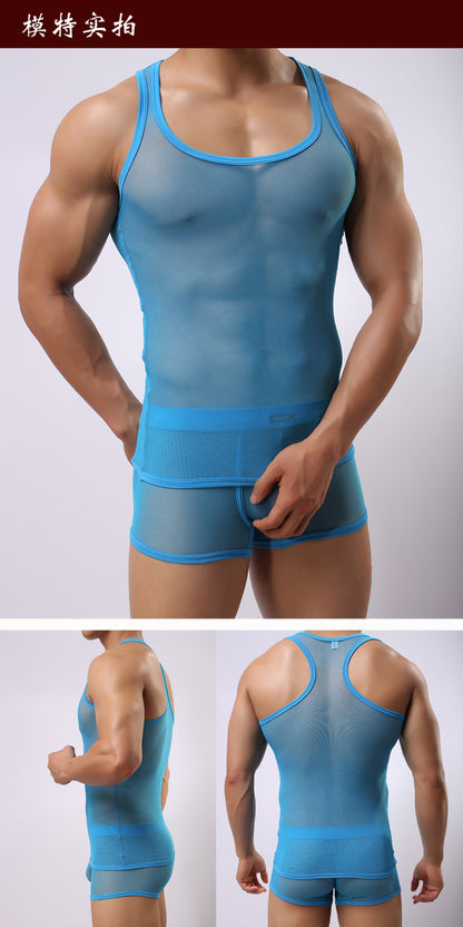 Fitness Transparent Cutout Mesh Men's Underwear Mesh Style For Sports Hurdles Vest Shorts Set