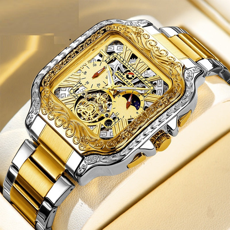 Retro Square Carved Multifunctional Six-pin Men's Watch