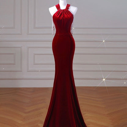 Vestido de cóctel de terciopelo con cola de pez para novia y compromiso