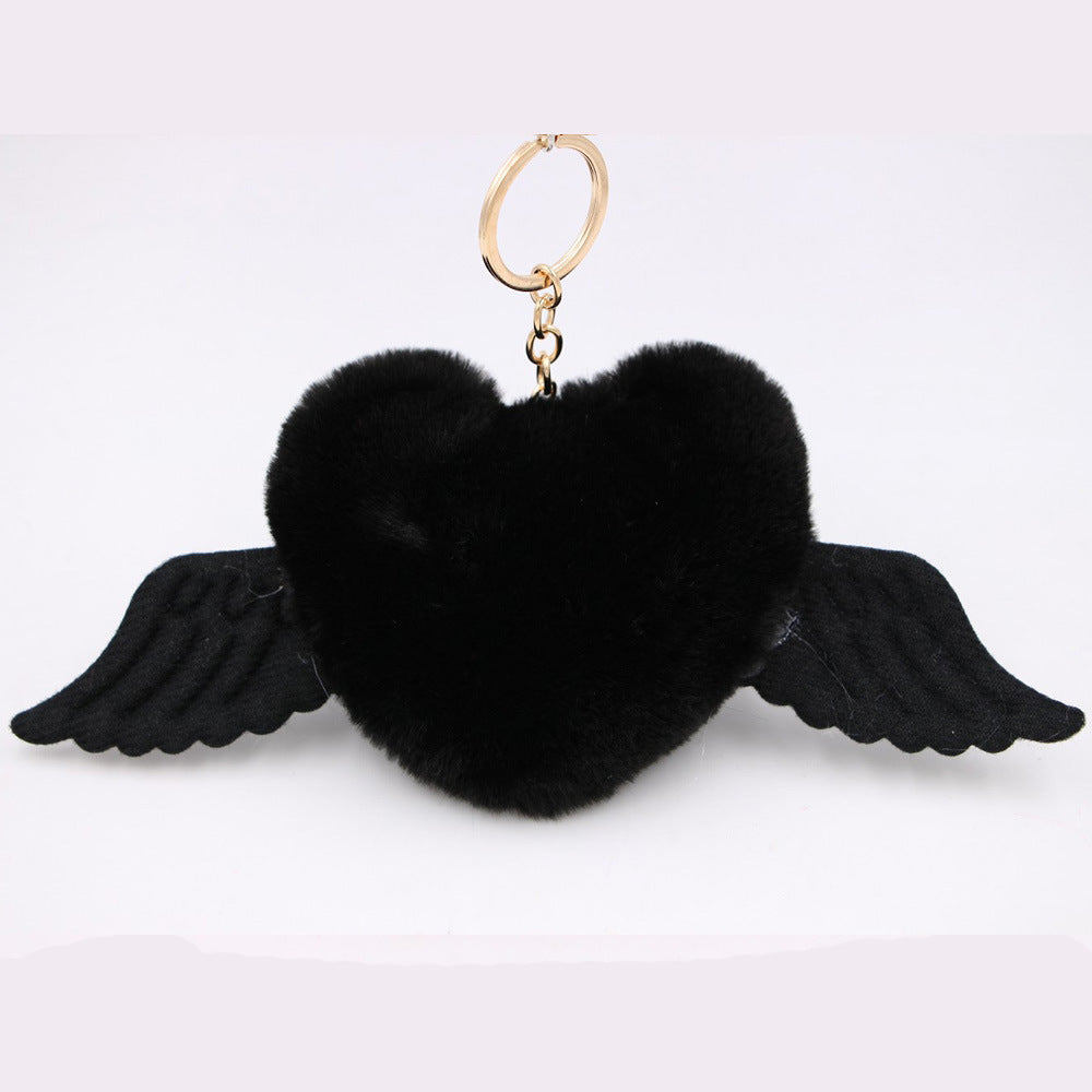 Peach Heart Wings Heart Wool Ball Keychain Pendant