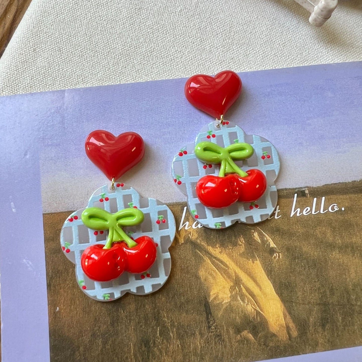 Spring And Summer Cute Cherry Plaid Earrings Girl Love Heart Stud Earrings