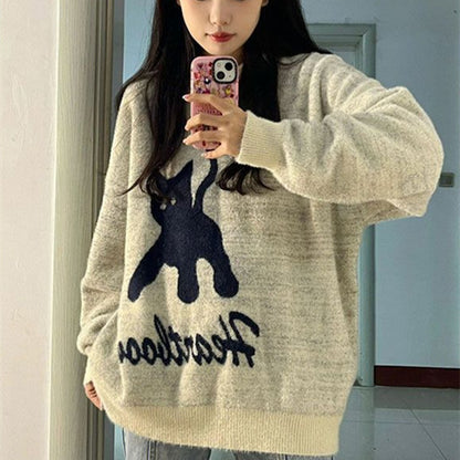 Damen Retro College Special-Interest Design Katzenmuster Strickpullover