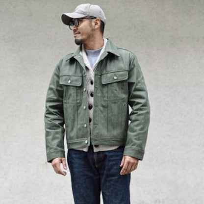 Vulkanisierter grüner Puree Denim Retro Workwear Reine Baumwollmantel Herren
