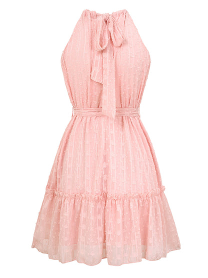 Vestido de verano de color liso con cuello halter y encaje informal con lazo en la cintura para mujer, nueva moda para vacaciones y playa.