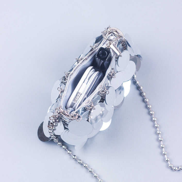 Sequined Woven Chain Shoulder Bag