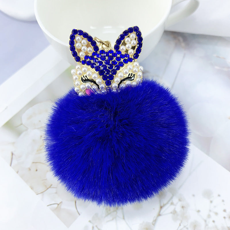 Alloy Pearl Rhinestone Fox Fur Ball Keychain Pendant