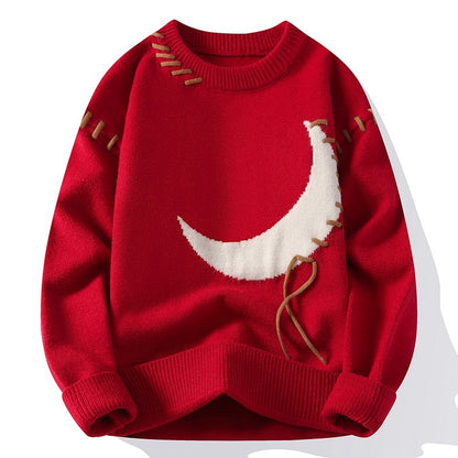 Suéter de cuello redondo con estampado de luna y jacquard para hombre