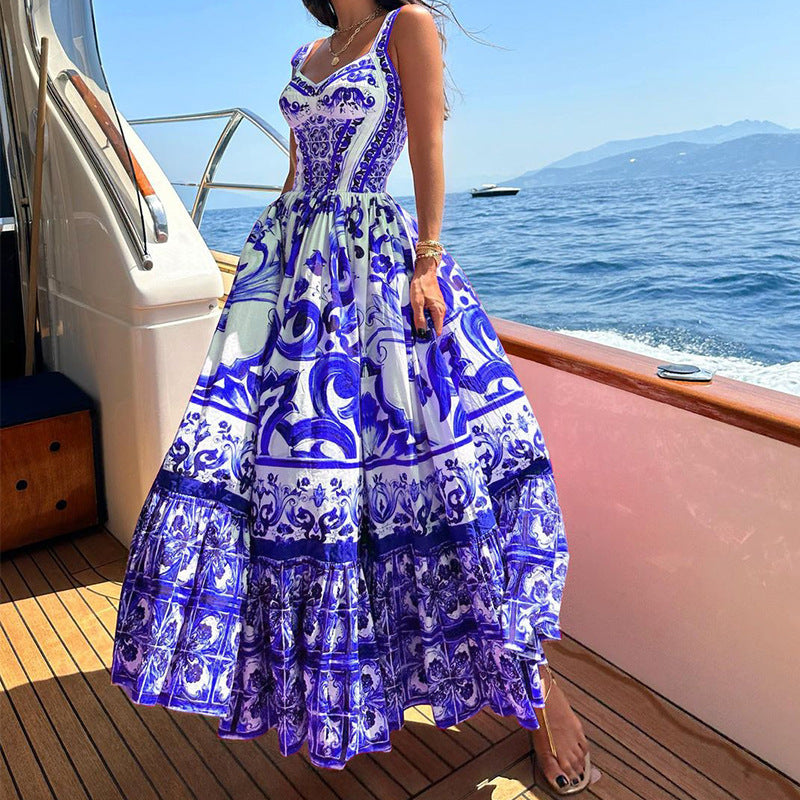 Printed Sleeveless Dress Fashion Temperament Spaghetti Waist-controlled Large Hem Dresses For Women