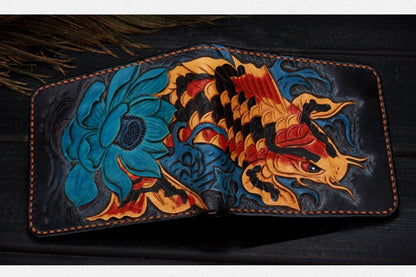 Vintage Reines handgemachtes Leder Glückskarpfen Kurze Brieftasche