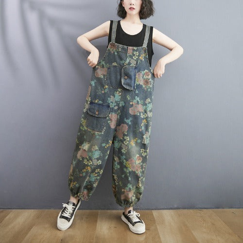 Western-style Large Denim Suspenders Loose Slimming One-piece Pants Women