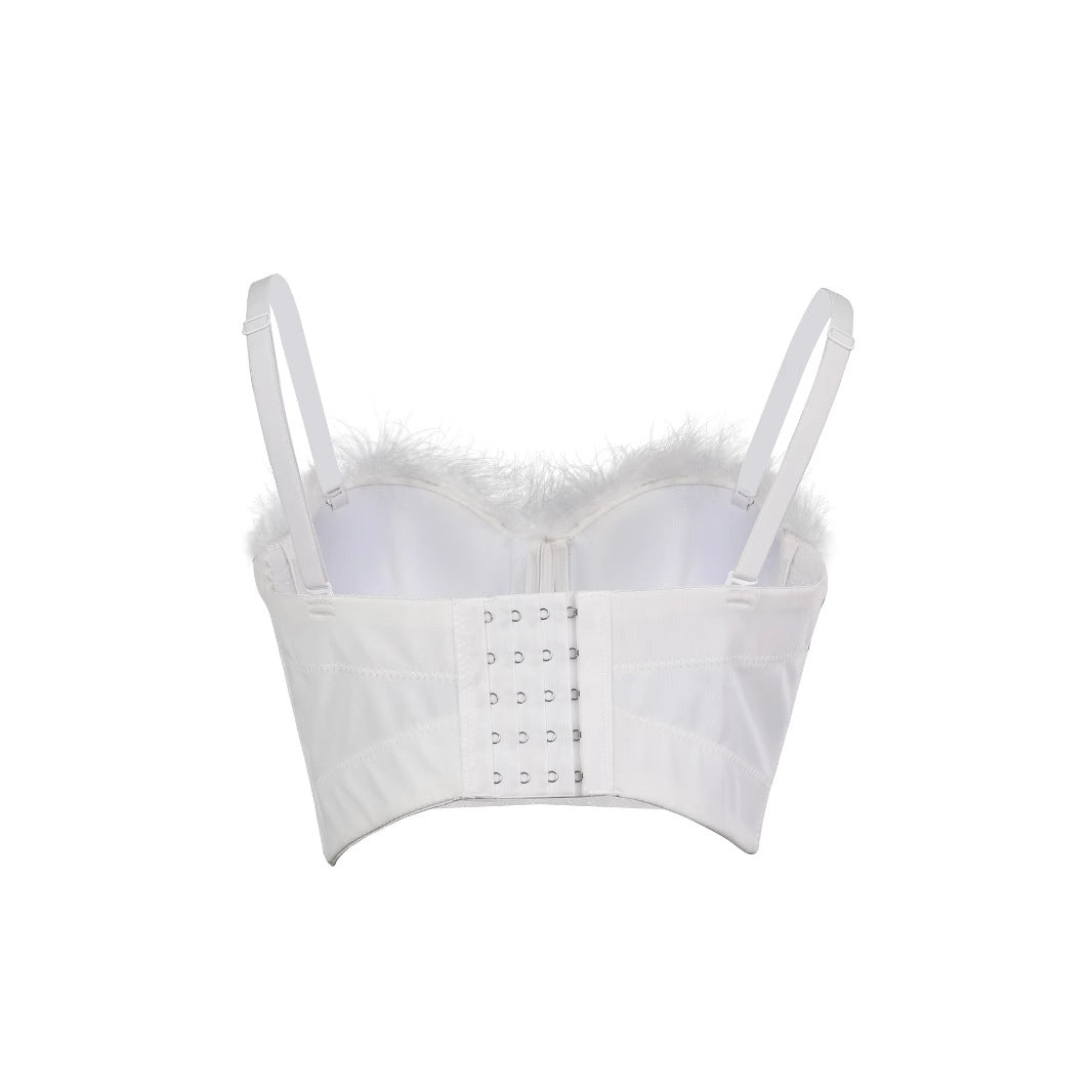 Lace-Up Back Fitted Camisole with Feather and Rhinestone Embellishments