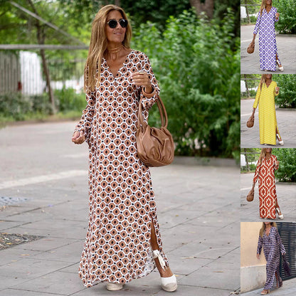 Vestido largo de verano con cuello en V y estampado geométrico, manga larga y aberturas para mujer
