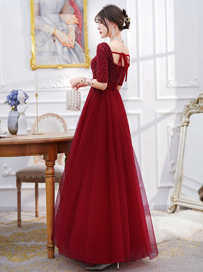 Vestido de noche de compromiso rojo vino con espalda descubierta y manga larga para mujer
