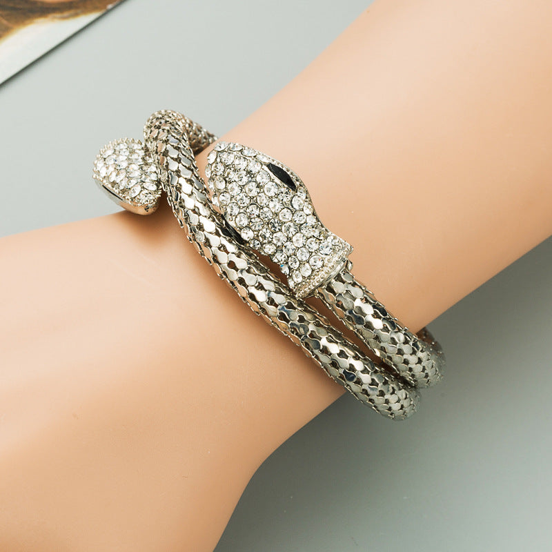 New Personality Exaggerated Punk Style Snake Shape Winding Men's And Women's Bracelets Alloy Inlaid Rhinestones Retro Bracelet Jewelry