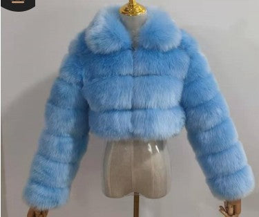 Chaqueta ligera de lujo para mujer con solapa de imitación de piel de zorro y manga larga con costuras