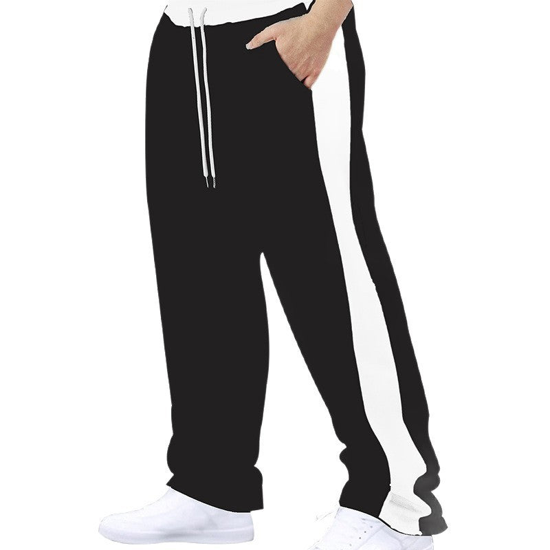 Stitching Contrast Color Loose Straight Drawstring Leisure Pants Men - BAGMODA