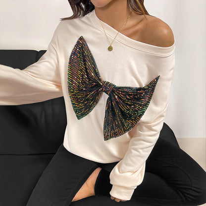 Pullover mit Rundhalsausschnitt und Paillettenschleife für Damen