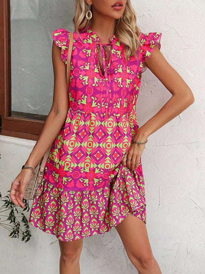 Vestido sin mangas estampado de verano con cuello en V y cordones rectos para mujer