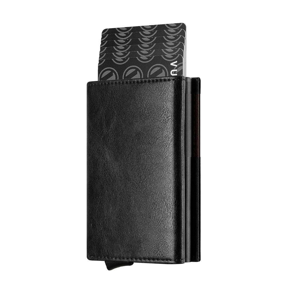 Oil Wax Leather Aluminum Alloy Automatic Pop-up Cassette Multi-function Large Capacity Metal Wallet